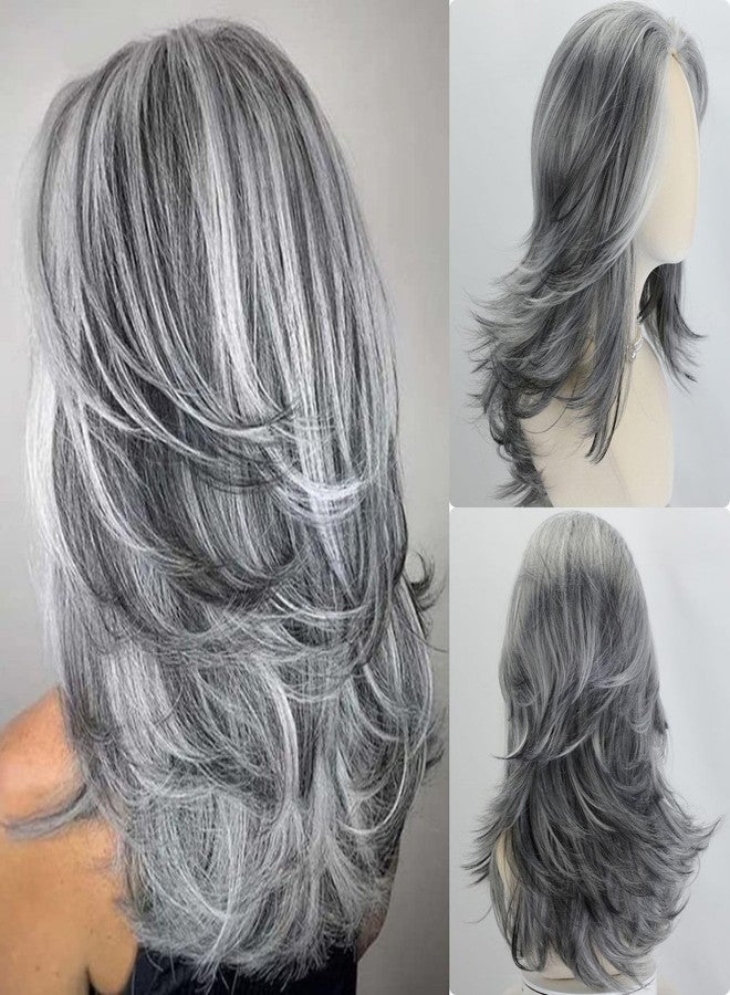 Fencca Silver Grey Wigs For White Women Wavy Layered Wig, Medium-length Salt Pepper Wig With Synthetic Highlight Grey Wave Shaggy Wigs 20Inch Synthetic Hair For Daily Party Use - Image 1
